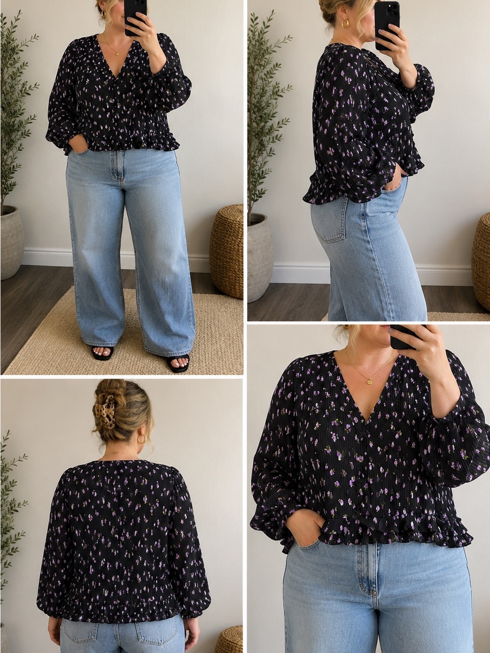 Zara Black Floral Pleated Ruffle Peplum Blouse Print Balloon Sleeve